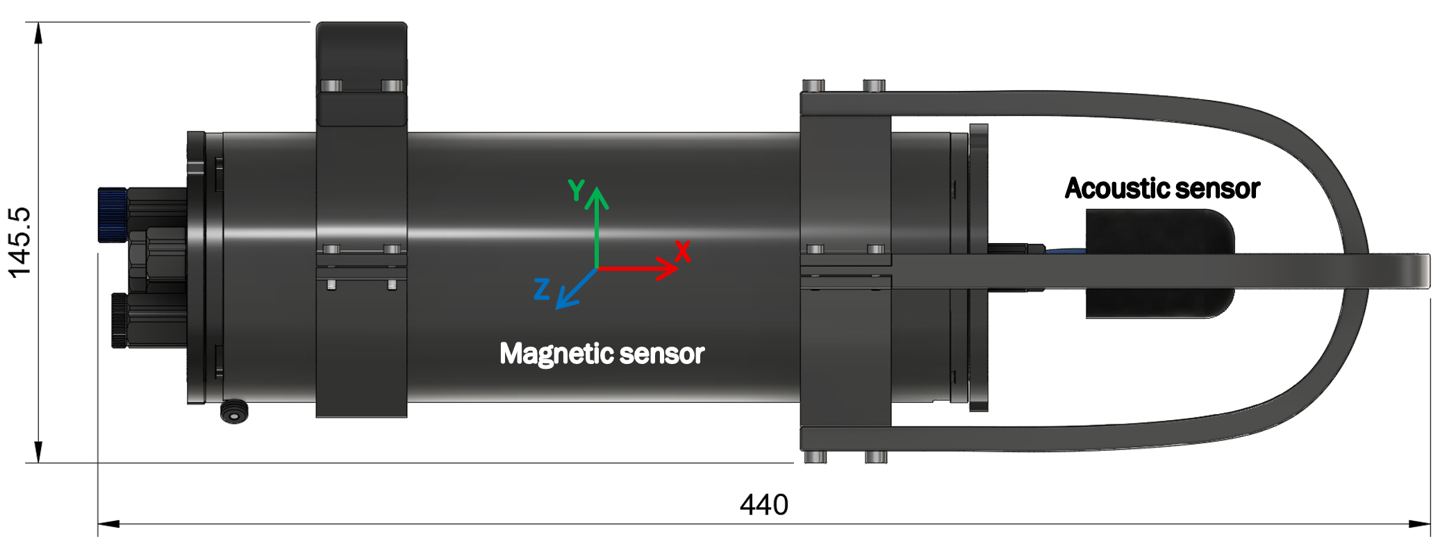 Device side view with dimensions - 440 mm length, 145.5 mm diameter